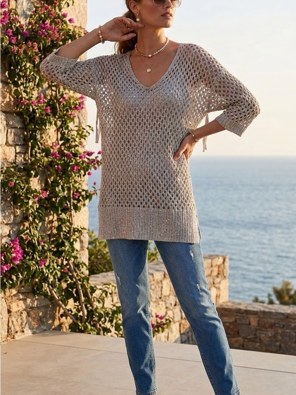 Joseph Ribkoff Taupe / Silver Open-Knit V-Neck Tunic Sweater with Sequins
